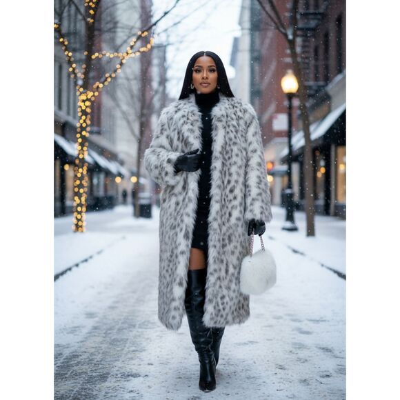 Fashion Nova Snow Leopard Faux Fur Coat – White Gray Animal Print Long Jacket - Picture 1 of 7